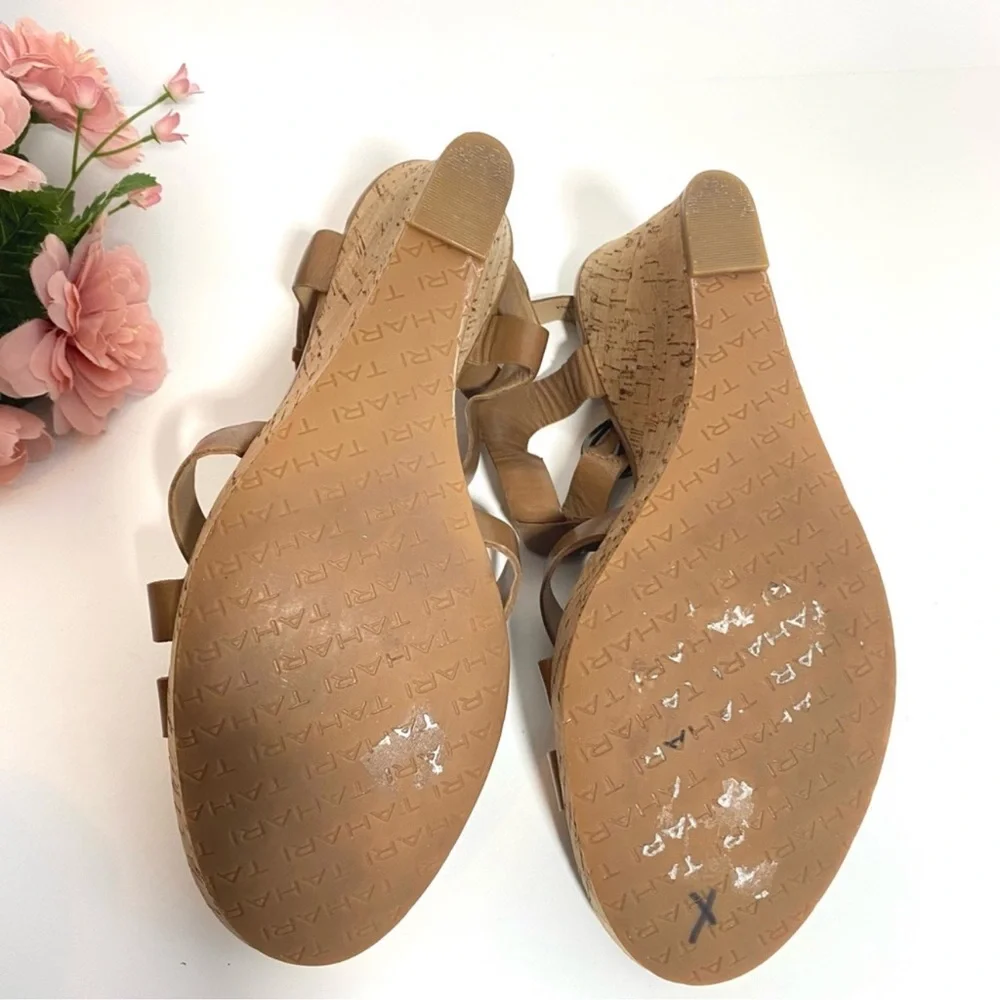 Tahari Sarah Brown Leather Strappy Wedge Sandals